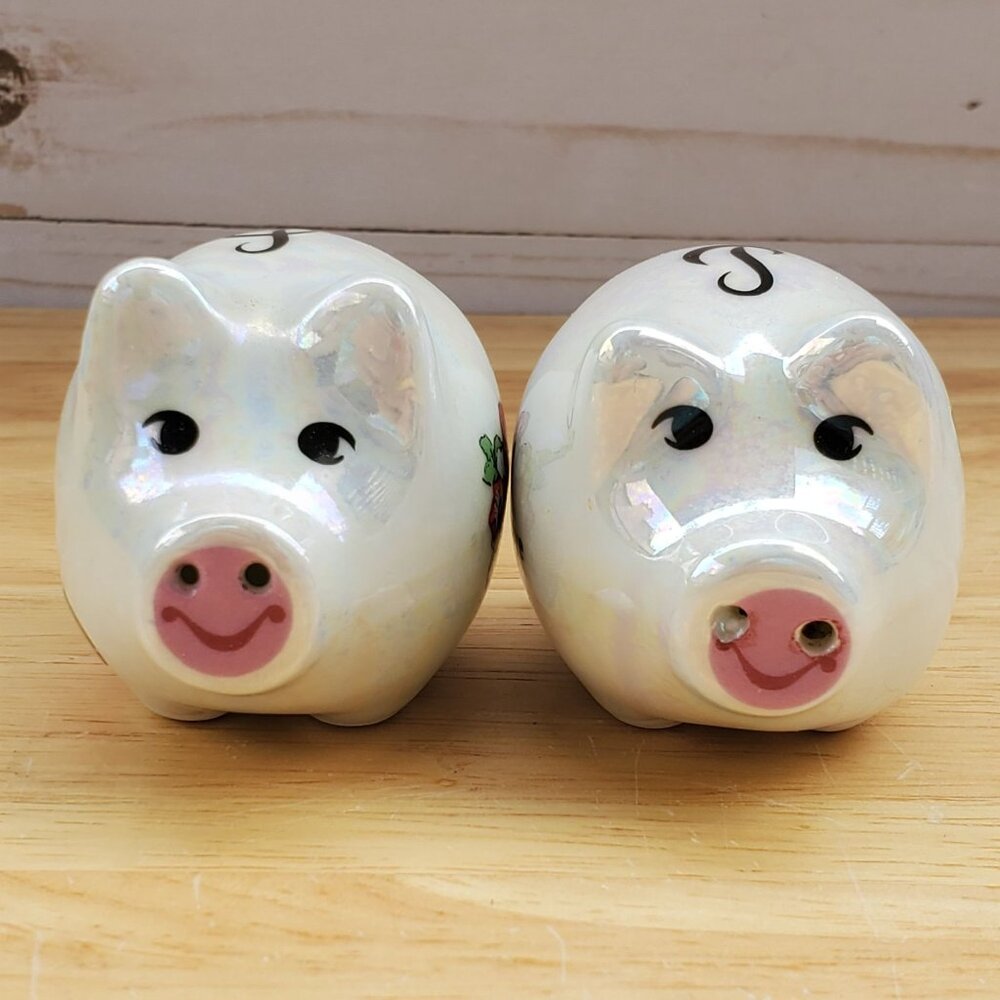 Vintage 1960s Lipco Iowa Hawkeye State Pig Salt & Pepper Shakers Ceramic Iridesc